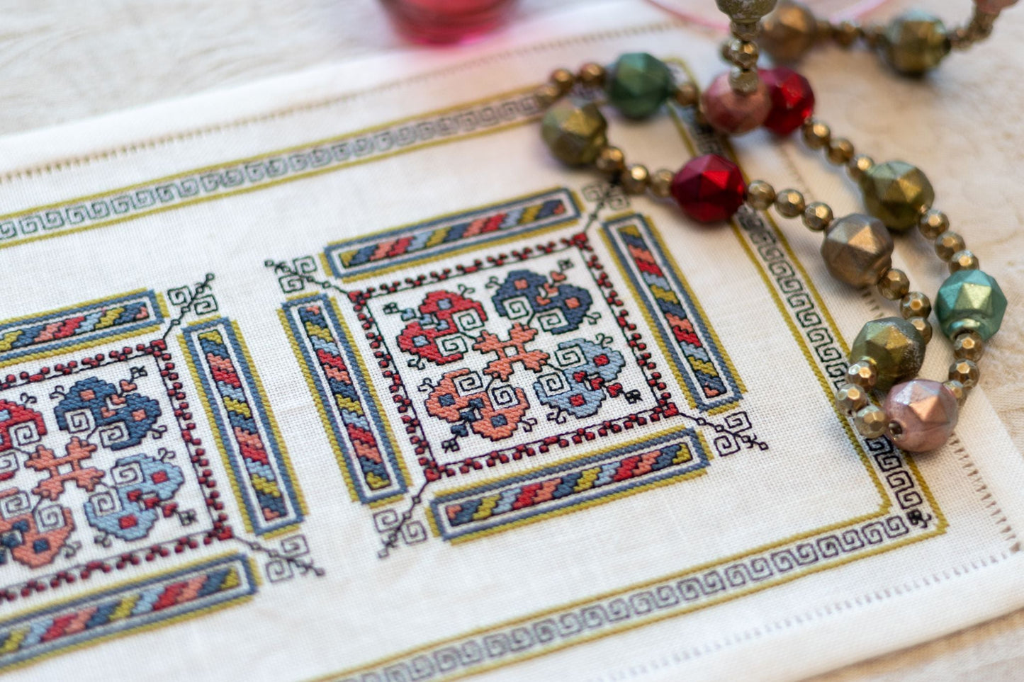 Kalamata Courtyard Table Runner cross stitch folk embroidery kit