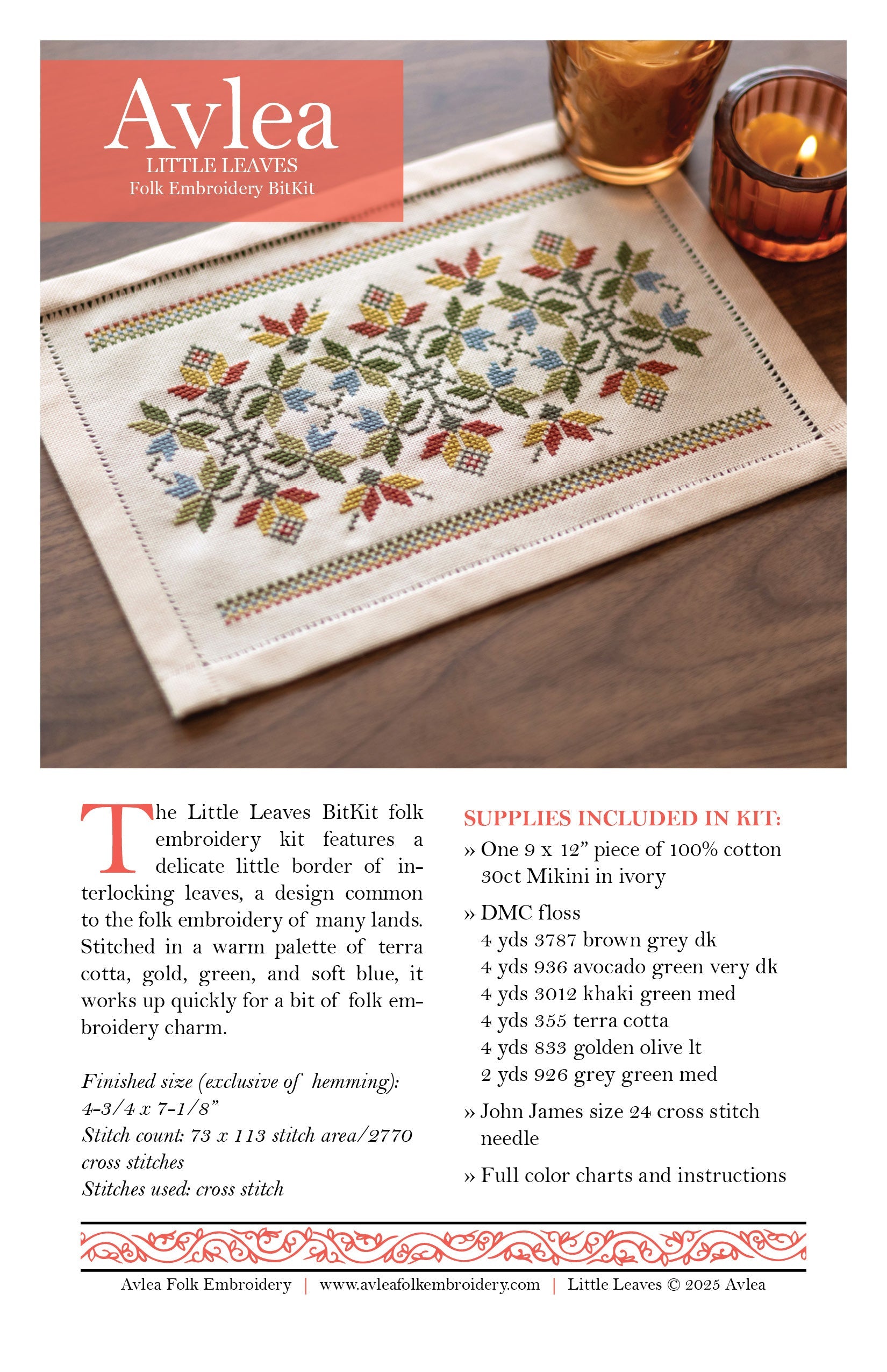BitKit Little Leaves cross stitch folk embroidery kit - Kit from Avlea Folk Embroidery