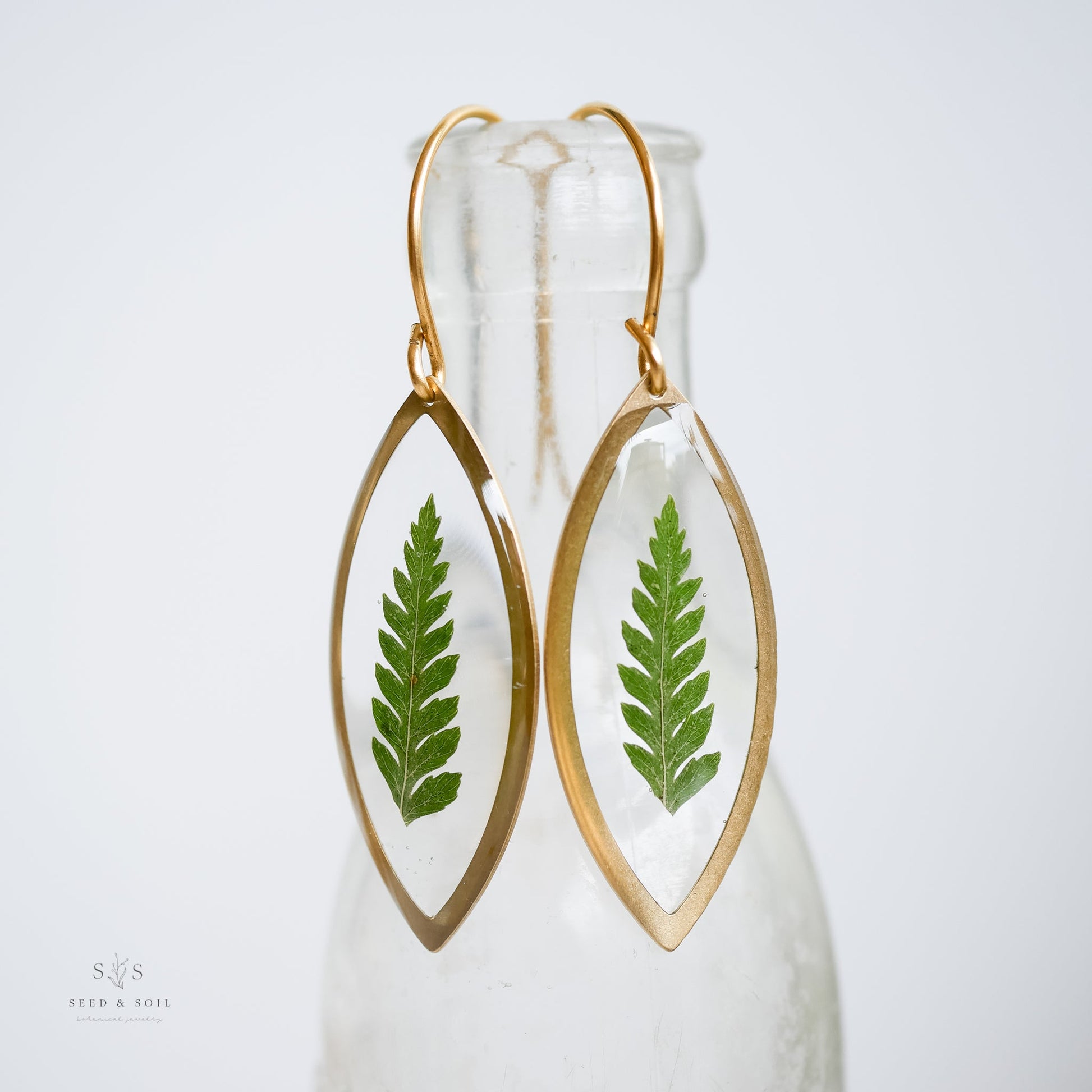 Marquise Earrings - Fern Brass frame w/Gold Ear Hooks from Seed&SoilShop