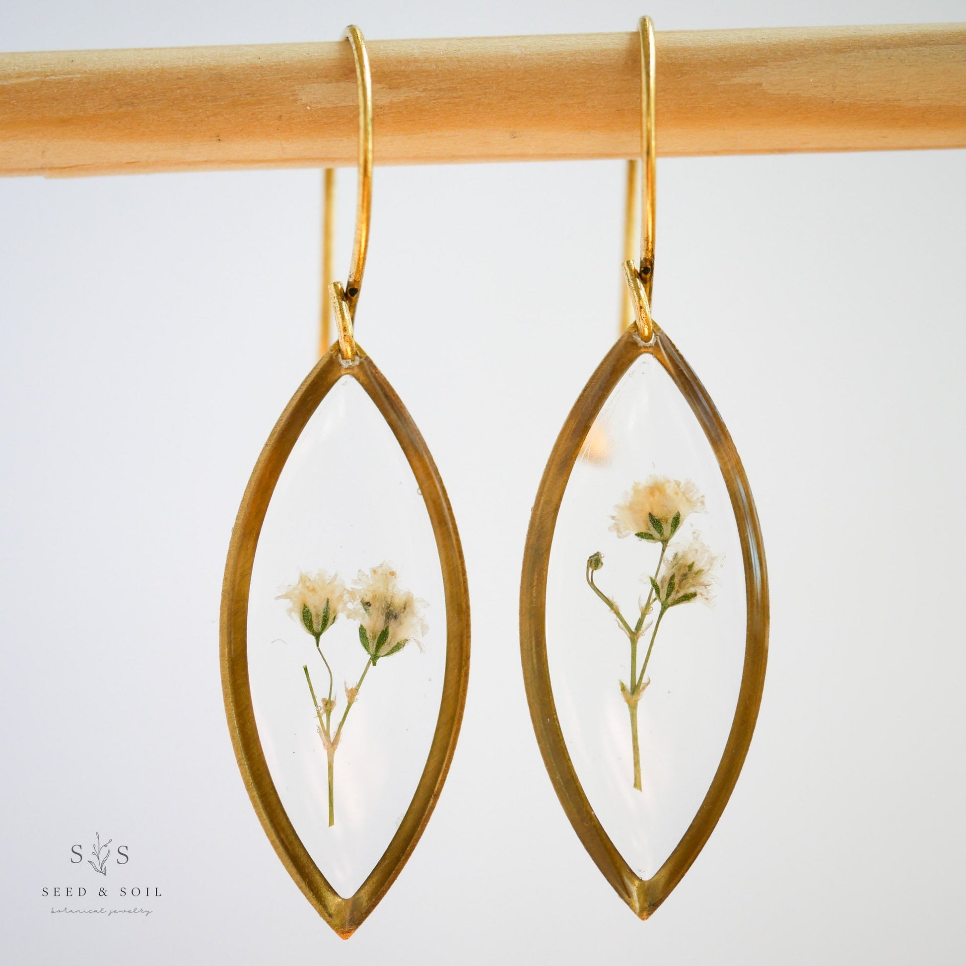 Marquise Earrings - Small Baby's Breath Brass frame w/Gold Ear Hooks from Seed&SoilShop