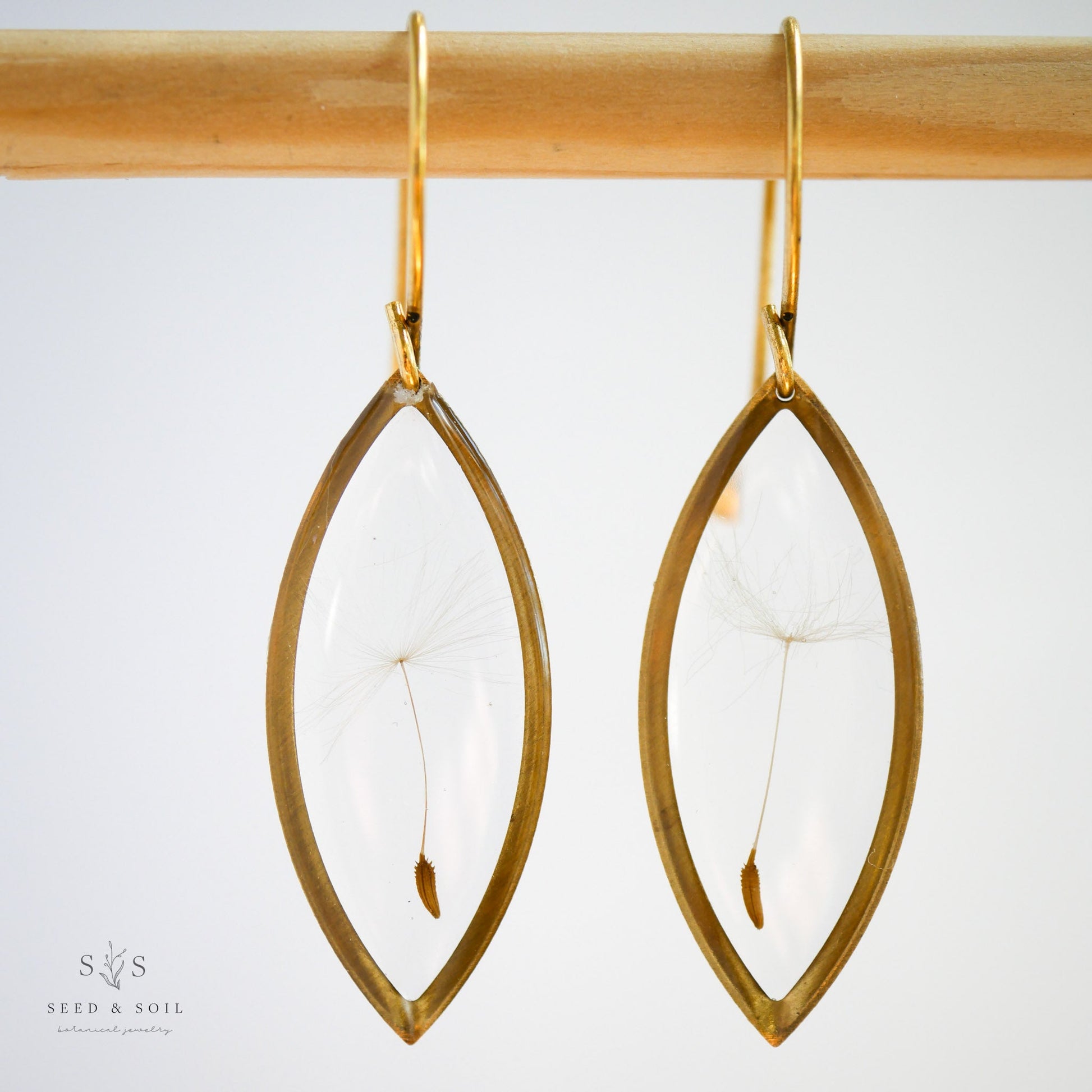 Marquise Earrings - Dandelion Seed Brass frame w/Gold Ear Hooks from Seed&SoilShop