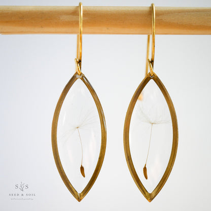 Marquise Earrings - Dandelion Seed Brass frame w/Gold Ear Hooks from Seed&SoilShop