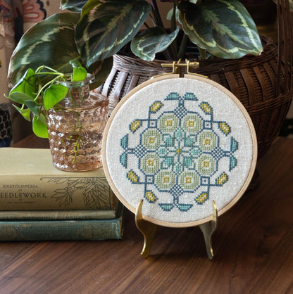 Mediterranean Medallion cross stitch hoop kit in three colors! - Kit Celadon from Avlea Folk Embroidery