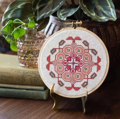 Mediterranean Medallion cross stitch hoop kit in three colors! - Kit Coral from Avlea Folk Embroidery