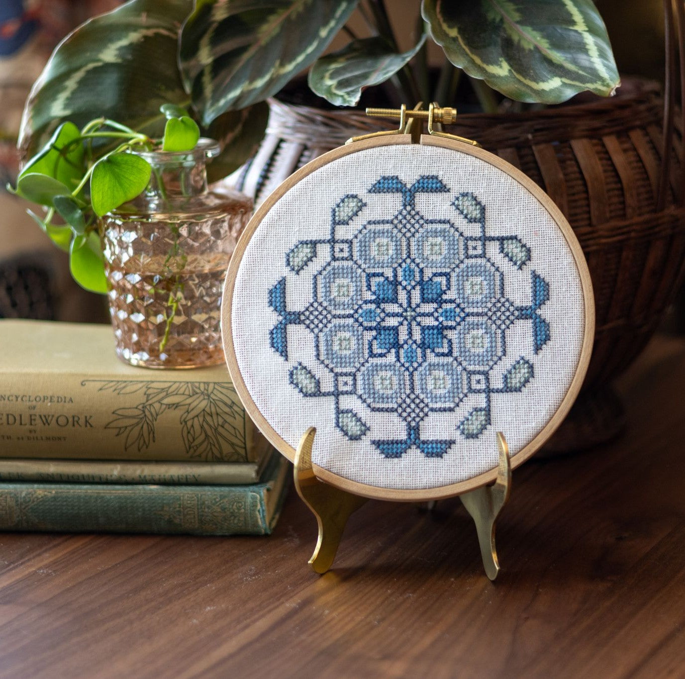 Mediterranean Medallion cross stitch hoop kit in three colors! - Kit Indigo from Avlea Folk Embroidery