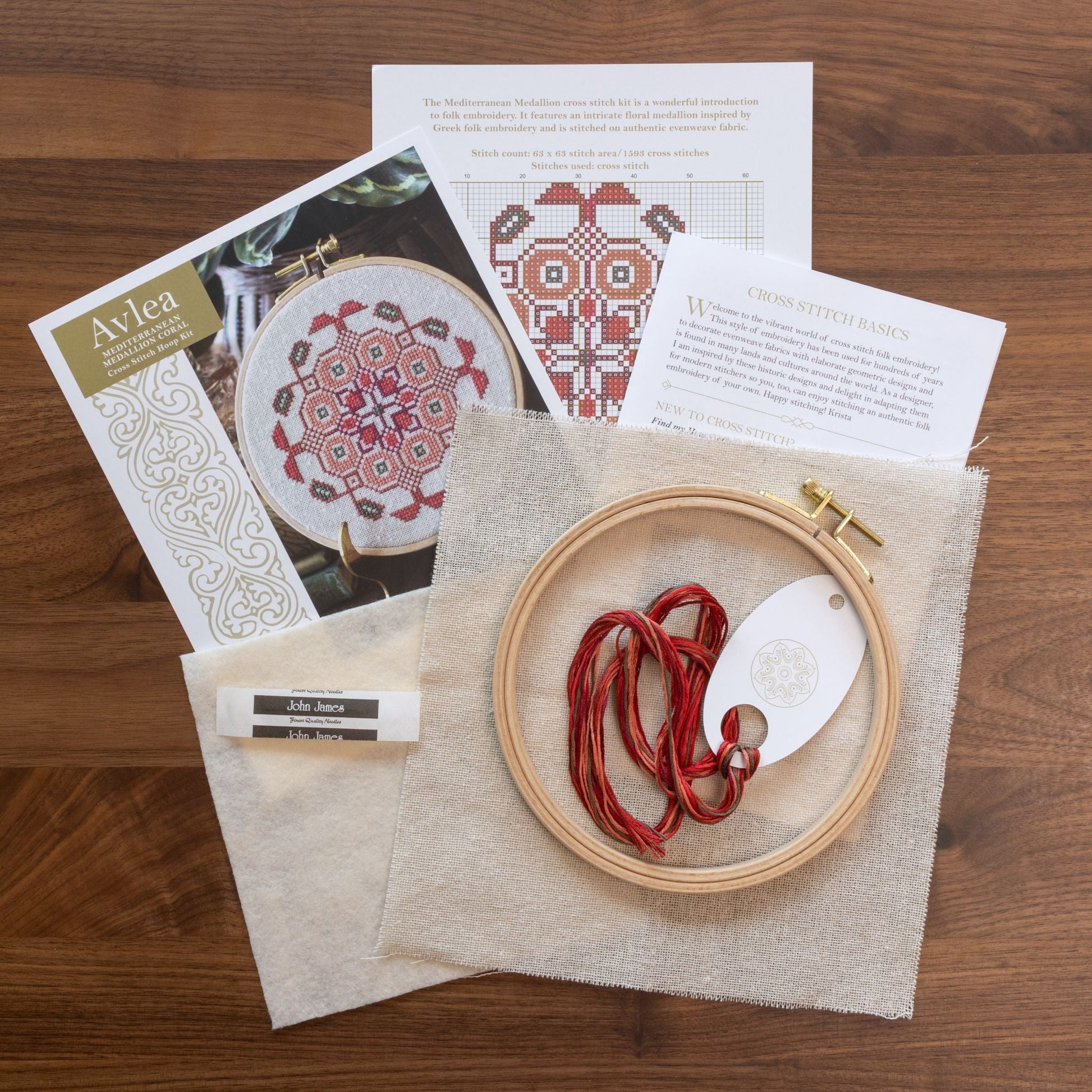 Mediterranean Medallion cross stitch hoop kit in three colors! - Kit from Avlea Folk Embroidery