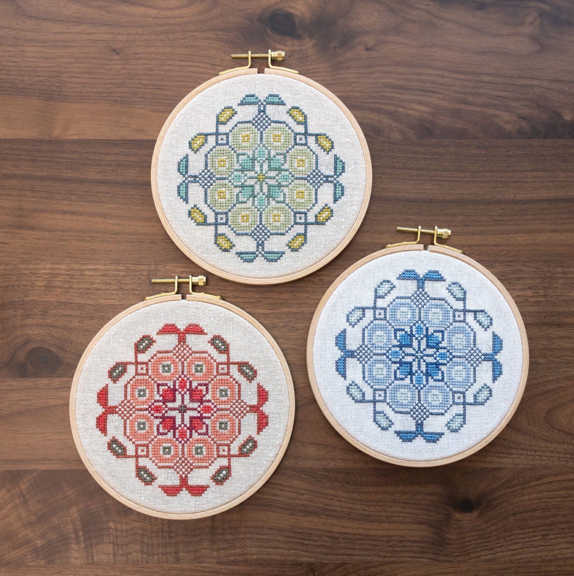 Mediterranean Medallion cross stitch hoop kit in three colors! - Kit from Avlea Folk Embroidery