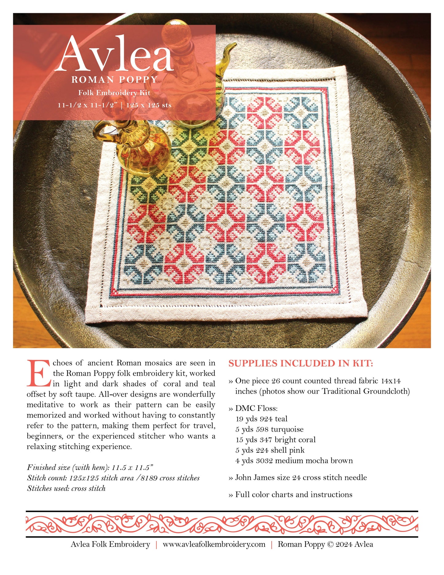 Roman Poppy cross stitch folk embroidery kit