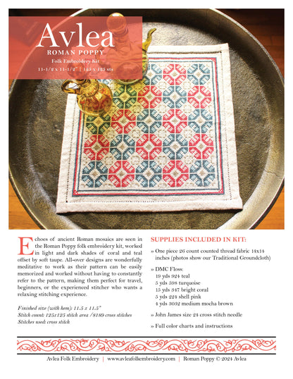 Roman Poppy cross stitch folk embroidery kit