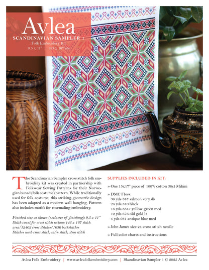 Scandinavian Sampler cross stitch folk embroidery kit - Kit from Avlea Folk Embroidery