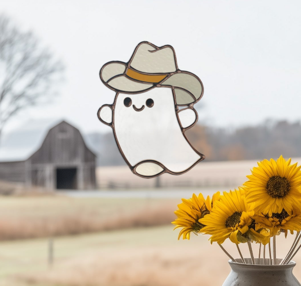 Cute Cowboy Ghost Stained Glass Pattern and PNG - Crafting Patterns & Molds, from GlassyRock Arts