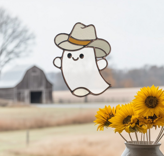 Cute Cowboy Ghost Stained Glass Pattern and PNG
