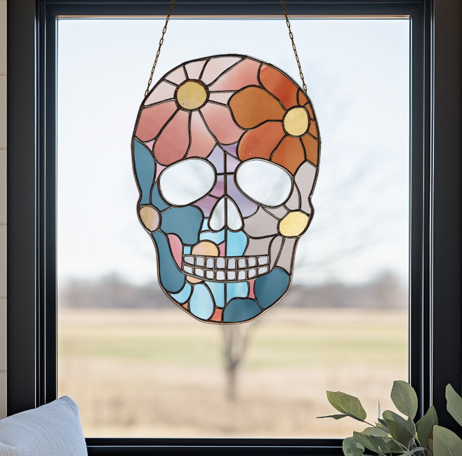 Flower Skull Stained Glass Pattern and PNG