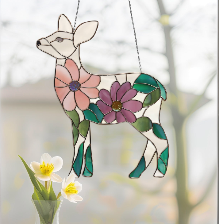 Flower Deer Stained Glass Pattern and PNG