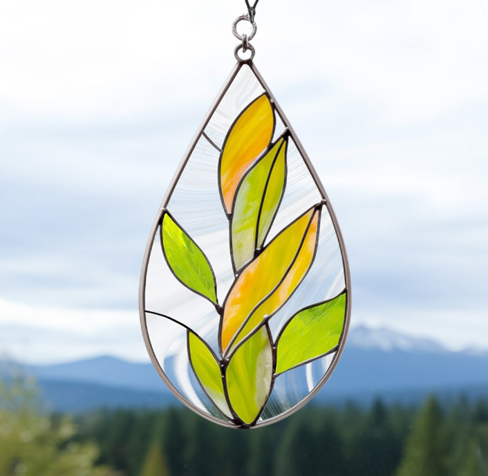 Teardrop Stained Glass Autumn Leaves Pattern