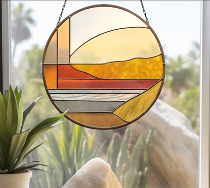 Round Desert Landscape Stained Glass Pattern - Crafting Patterns & Molds from GlassyRock Arts