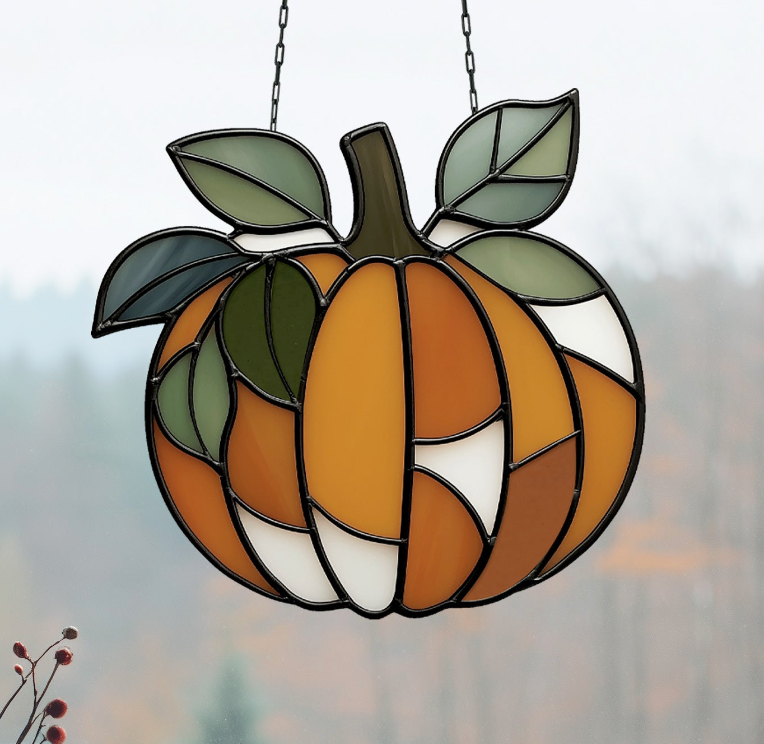 Leafy Pumpkin Stained Glass Pattern - Crafting Patterns & Molds, from GlassyRock Arts