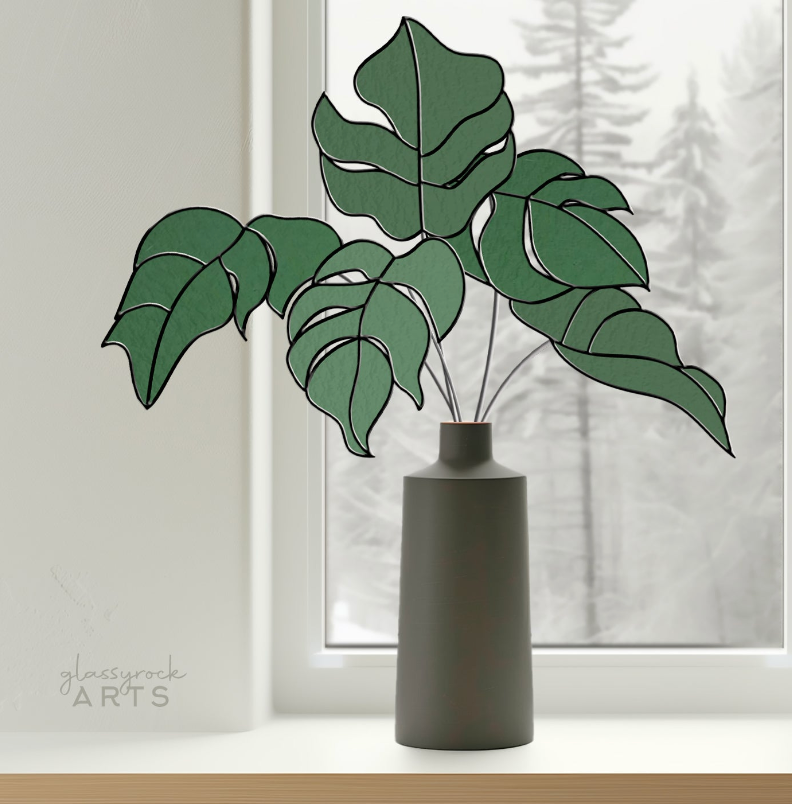 Monstera Leaves on Stems Stained Glass Patterns - Crafting Patterns & Molds, from GlassyRock Arts
