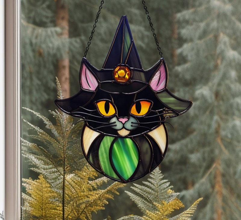 Cat Witch Halloween Stained Glass Pattern - Crafting Patterns & Molds, from GlassyRock Arts