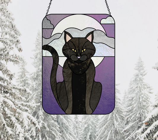 Full Moon Halloween Black Cat Stained Glass Panel Pattern