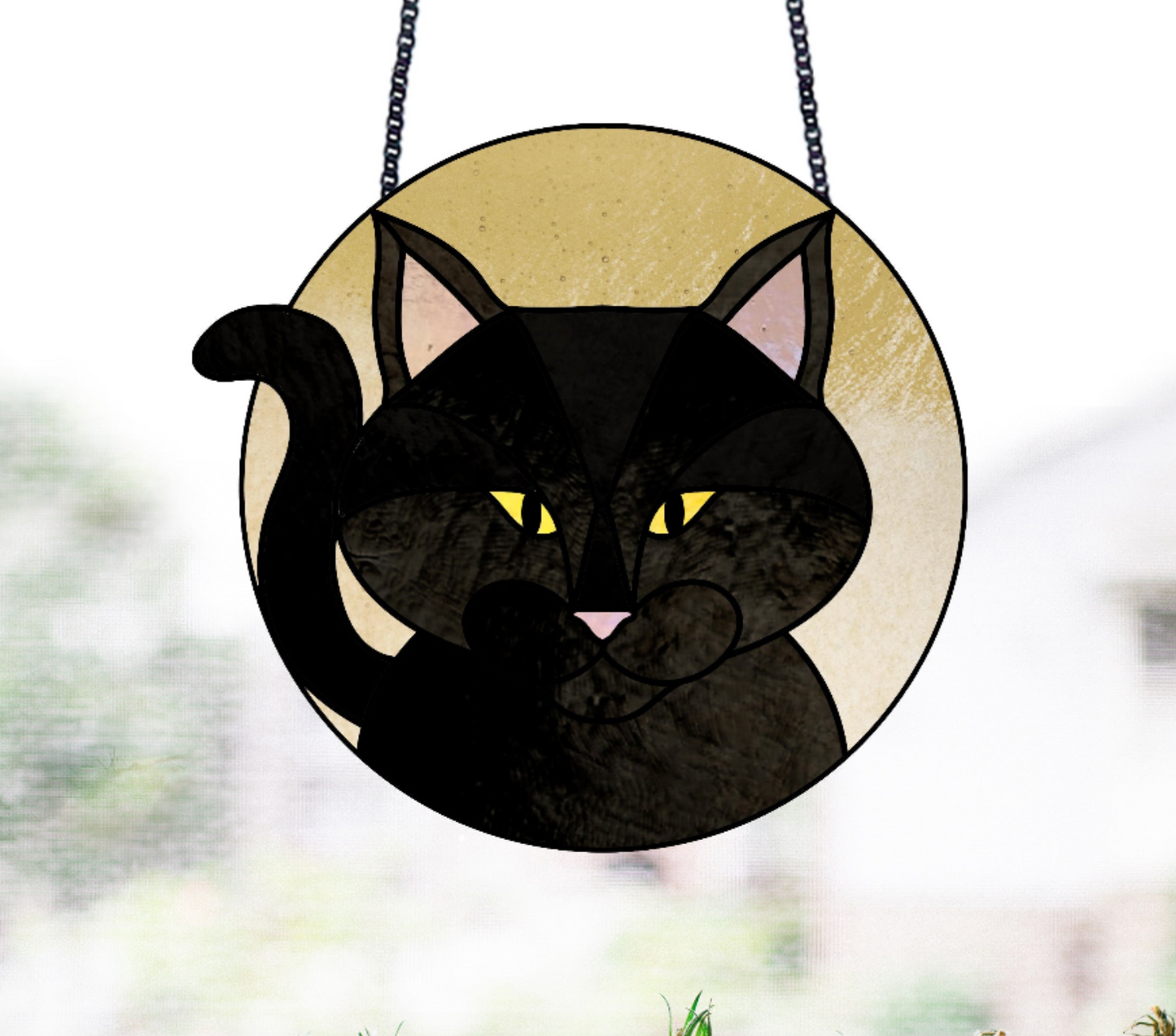 Full Moon Halloween Black Cat Stained Glass Pattern - Crafting Patterns & Molds, from GlassyRock Arts