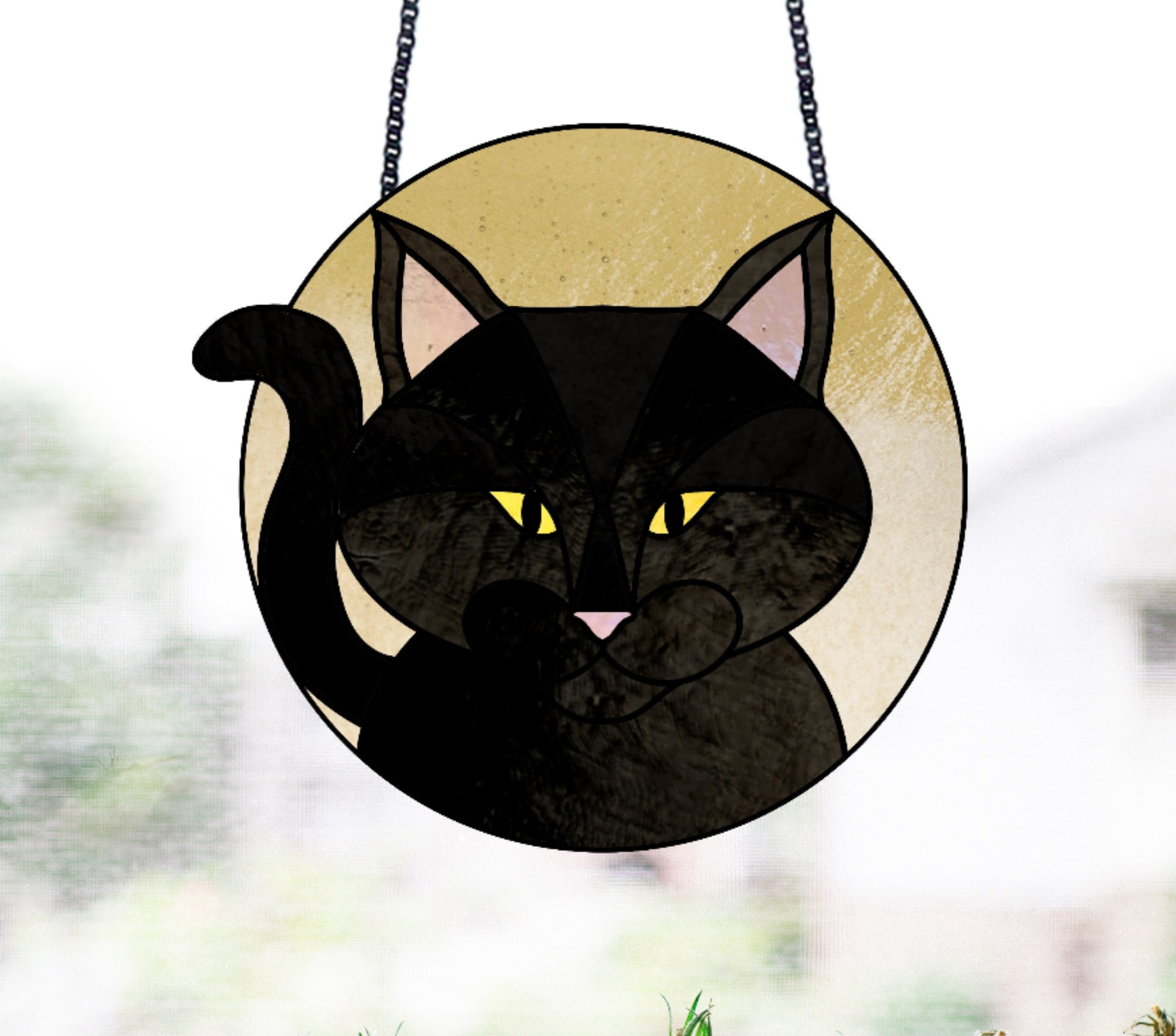 Full Moon Halloween Black Cat Stained Glass Pattern - Crafting Patterns & Molds, from GlassyRock Arts