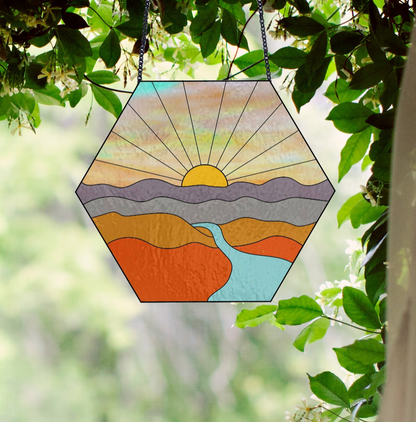 Sunset Landscape Hexagon Stained Glass Pattern - Crafting Patterns & Molds from GlassyRock Arts