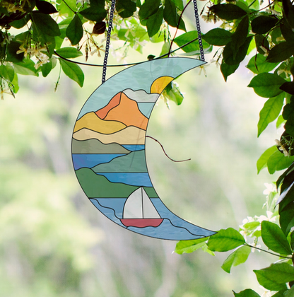 Crescent Moon Seascape Stained Glass Pattern