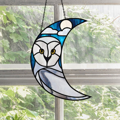 Crescent Moon Snowy Owl Stained Glass Pattern