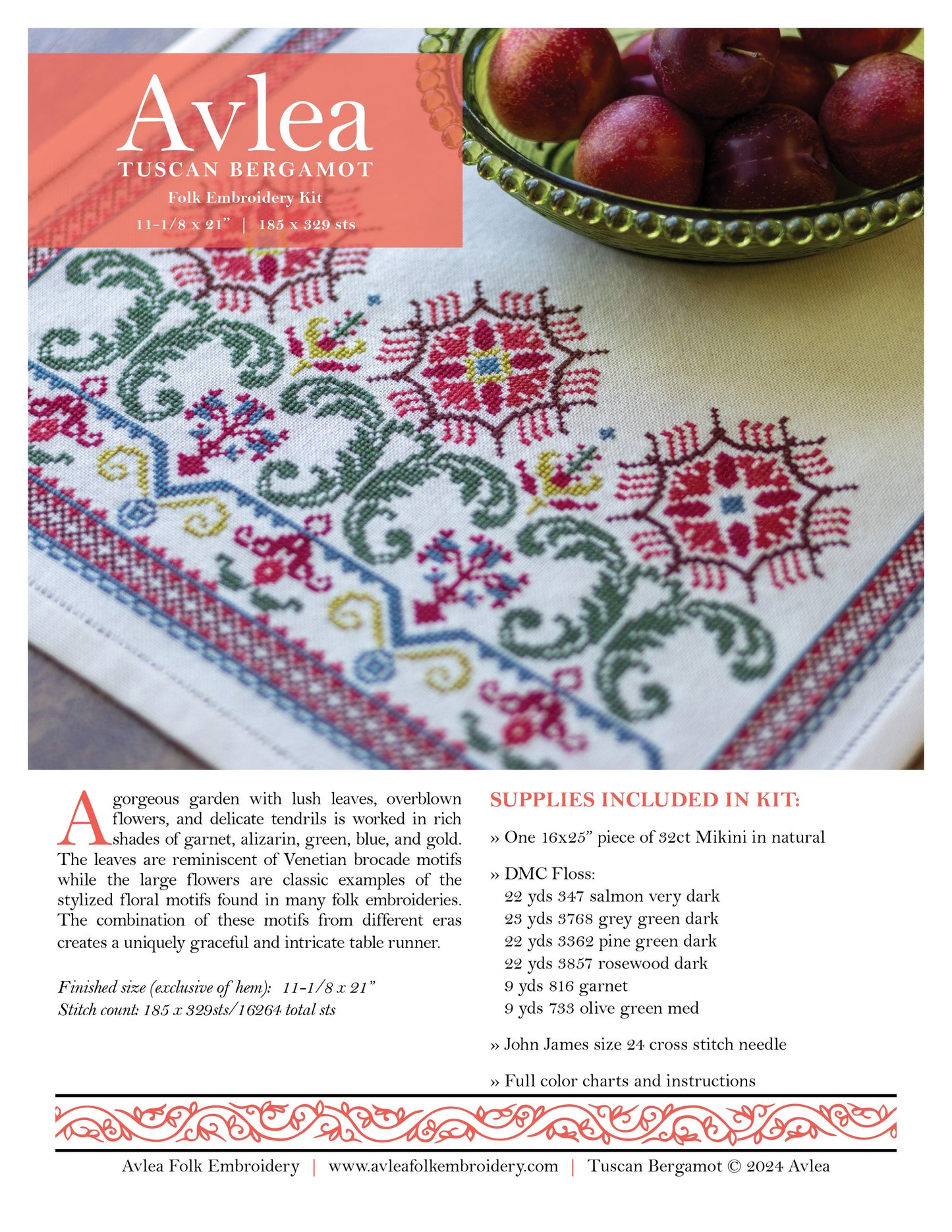 Tuscan Bergamot cross stitch folk embroidery kit