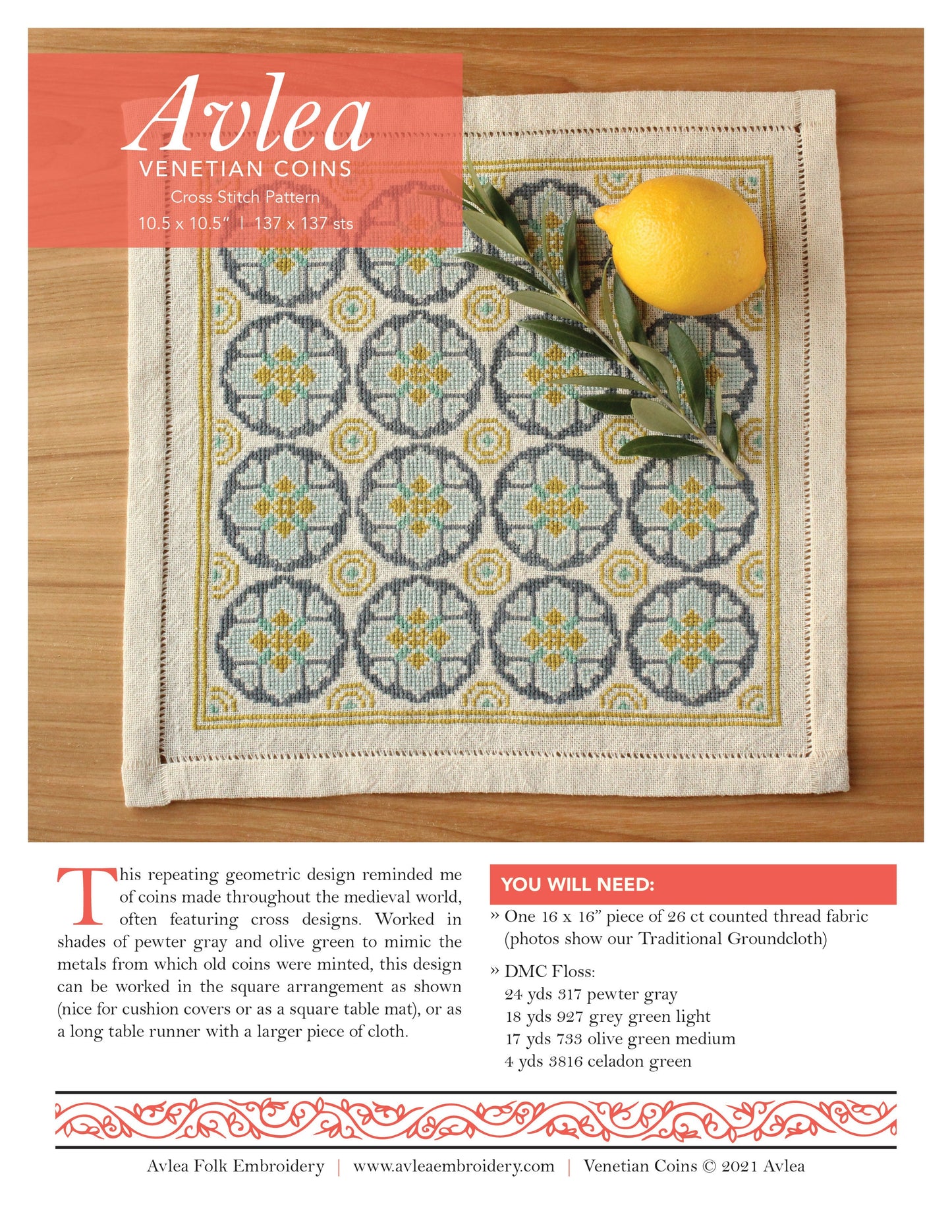 Venetian Coins cross stitch folk embroidery kit