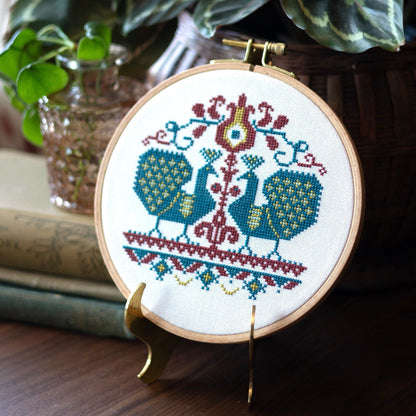 Vlachernai Peacocks cross stitch hoop kit
