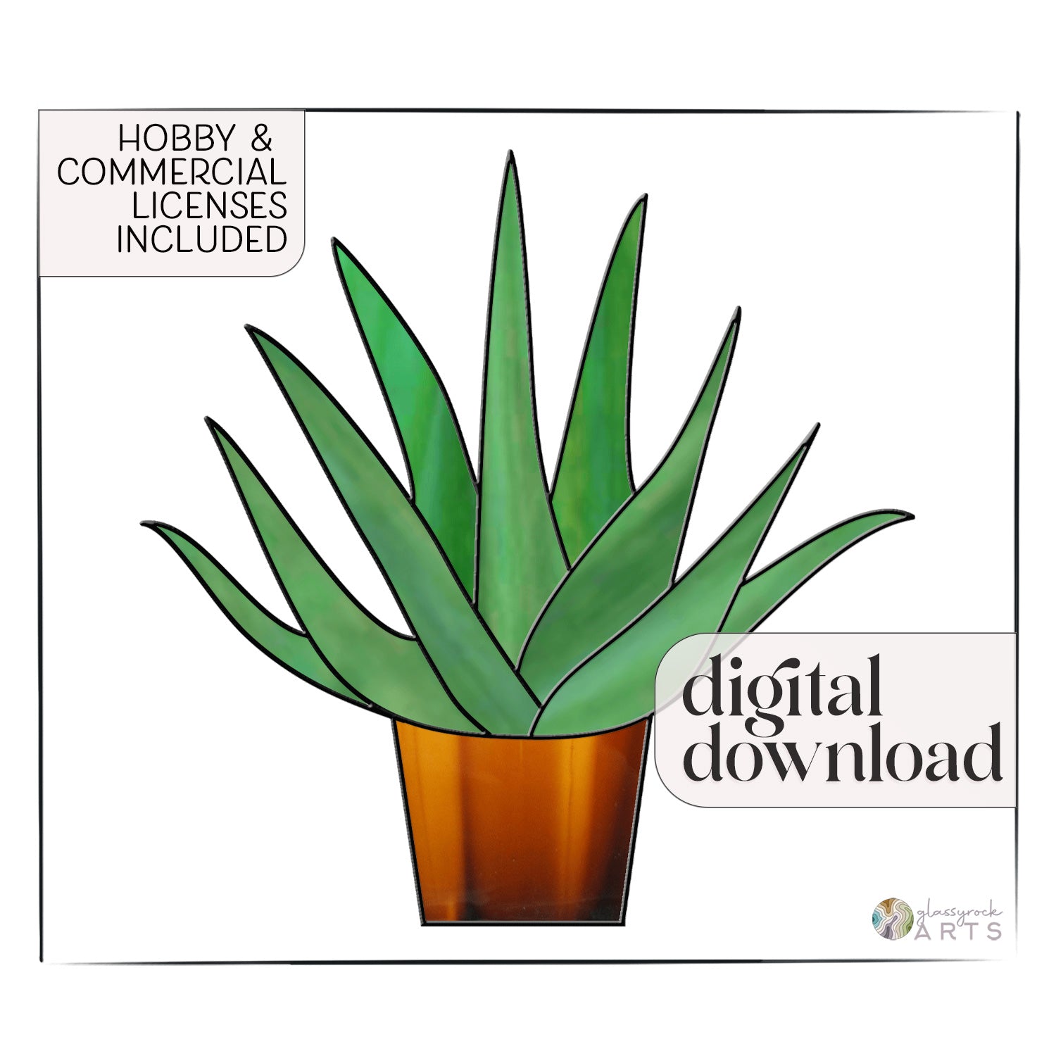 An illustration of a potted aloe featuring long, pointed green leaves in an orange pot is done in a beginner stained glass style. The text includes Hobby & Commercial Licenses Included and digital download. Product: Beginner Aloe Potted Plant Stained Glass Pattern.