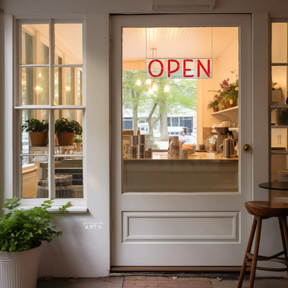 The image shows the entrance of a cozy cafe with a glass door featuring a red OPEN sign. Inside, warm lighting highlights potted plants on shelves and a counter displaying coffee-making equipment against an intricate backdrop reminiscent of the Stained Glass Alphabet Pattern Pack.