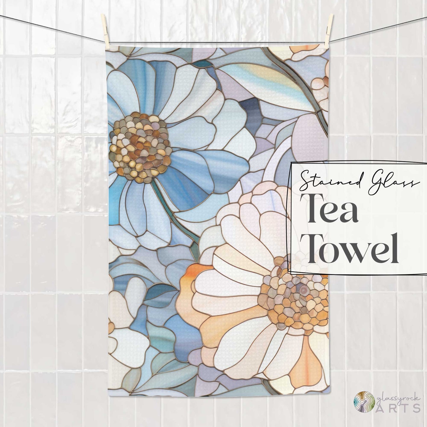 An image of the Stained Glass Flowers Kitchen Tea Towel, from GlassyRock Arts.