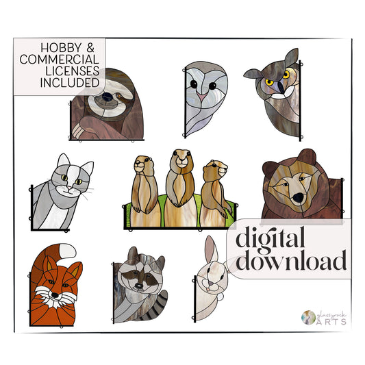 The Animal Stained Glass Pattern 9-Pack offers animal designs of a sloth, owl, and wolf for intermediate enthusiasts, featuring digital pattern downloads with hobby and commercial licenses.