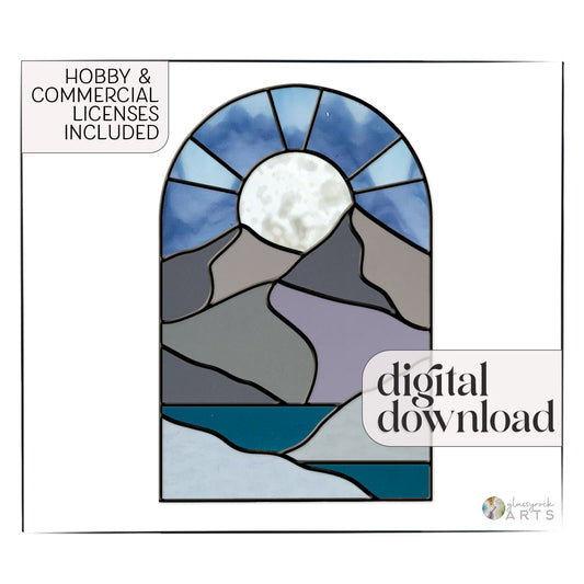 The Boho Landscape Stained Glass Pattern features a digital illustration of mountains, a full moon, and water with blue, gray, and beige hues. Its an intricate design for intermediate skill levels and includes Hobby & Commercial Licenses. Available as a digital download.