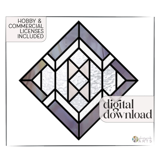 The Diamond Beginner Stained Glass Pattern features geometric diamond shapes with clear and iridescent sections. Text on the image reads, Hobby & Commercial Licenses Included and Beginner Stained Glass Pattern: digital download.