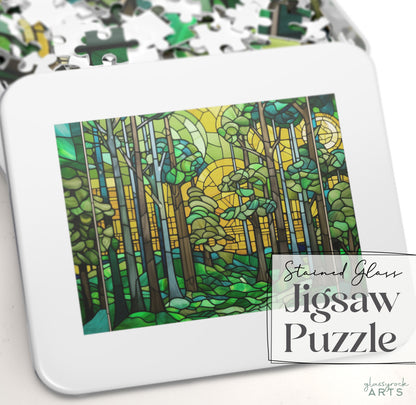 A picture of the Art Deco Stained Glass Forest Jigsaw Puzzle from GlassyRock Arts. 