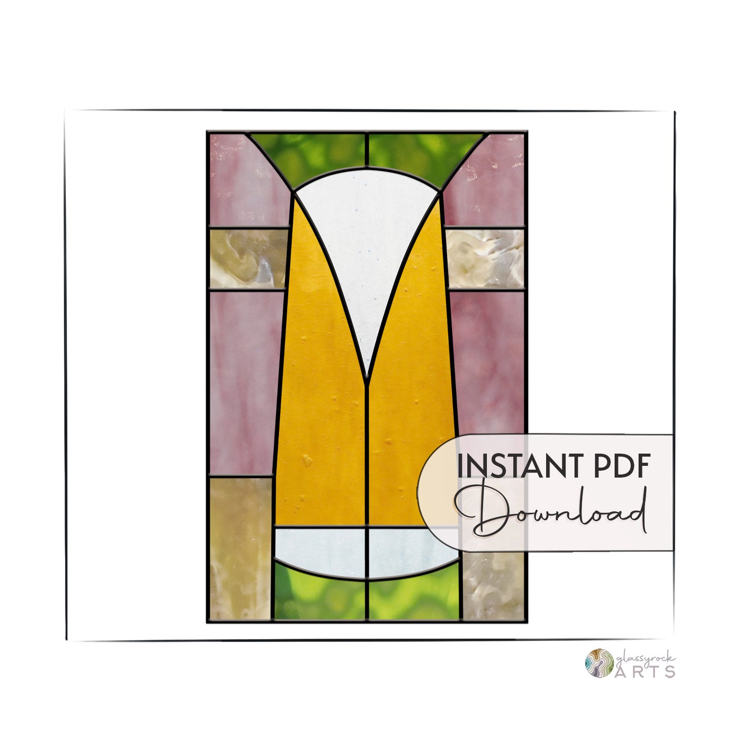 Stained glass window design featuring a stylized yellow dress on a white background, surrounded by pink, green, and beige geometric sections. Text reads "INSTANT PDF Download" on the right.