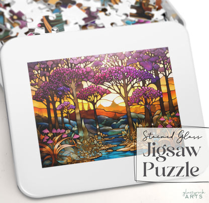 A picture of the Stained Glass Forest Jigsaw Puzzle, Art Nouveau from GlassyRock Arts. 