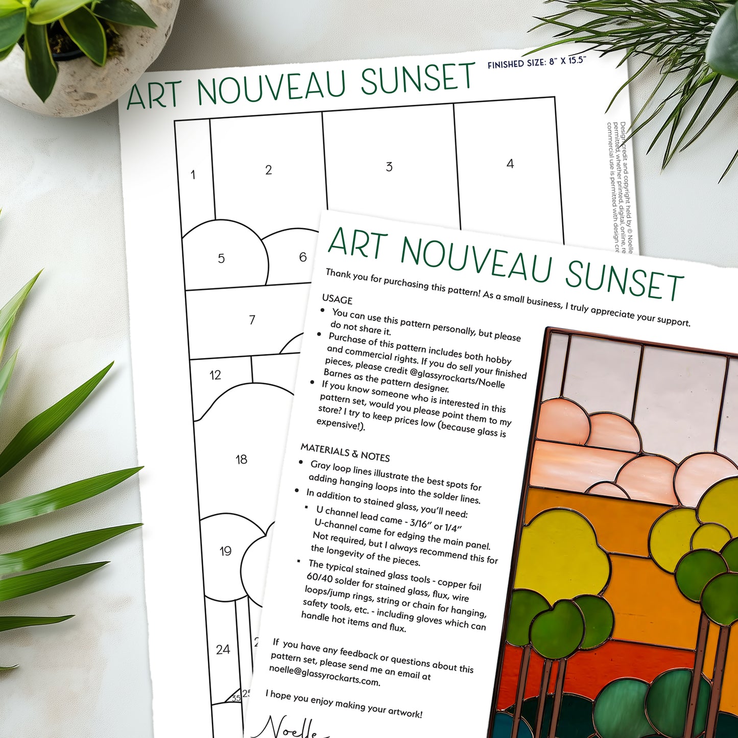 Art Nouveau Sunset Stained Glass Pattern PDF & PNG - Crafting Patterns & Molds from GlassyRock Arts