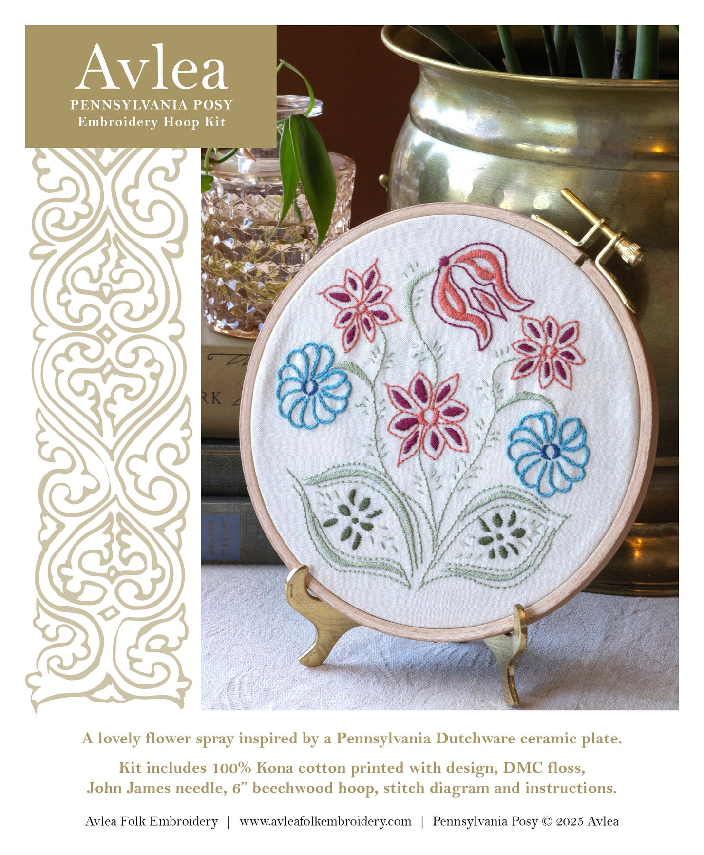 Pennsylvania Posy embroidery hoop kit - Kit from Avlea Folk Embroidery