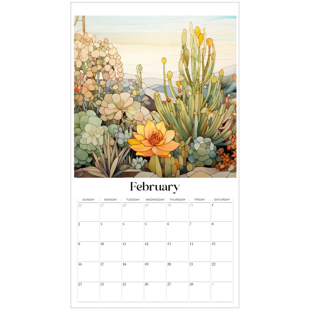 The February page of the 2025 Desert Landscapes Large Wall Calendar features an illustration of blooming succulents and cacti, highlighting a vibrant yellow flower above the neatly arranged grid of days.