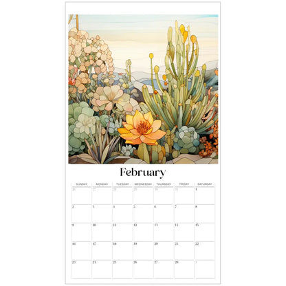 The February page of the 2025 Desert Landscapes Large Wall Calendar features an illustration of blooming succulents and cacti, highlighting a vibrant yellow flower above the neatly arranged grid of days.