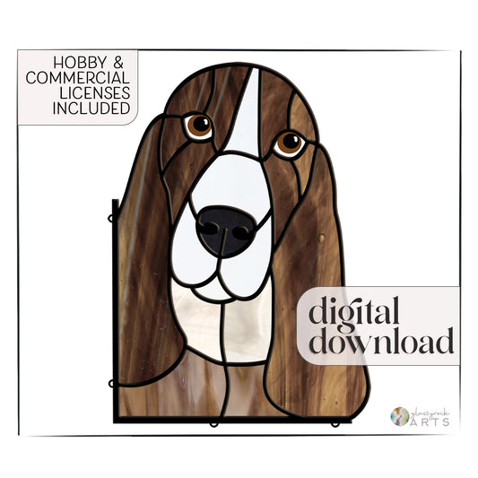 The Basset Hound Dog Stained Glass Pattern features a stained glass illustration with brown and white fur. Text reads, Hobby & Commercial Licenses Included and digital download, making it the perfect gift for enthusiasts.