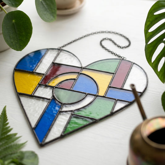 Bauhaus Geometric Heart Suncatcher Stained Glass Pattern with PNG & SVG