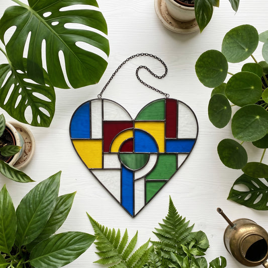 Bauhaus Geometric Heart Suncatcher Stained Glass Pattern with PNG & SVG