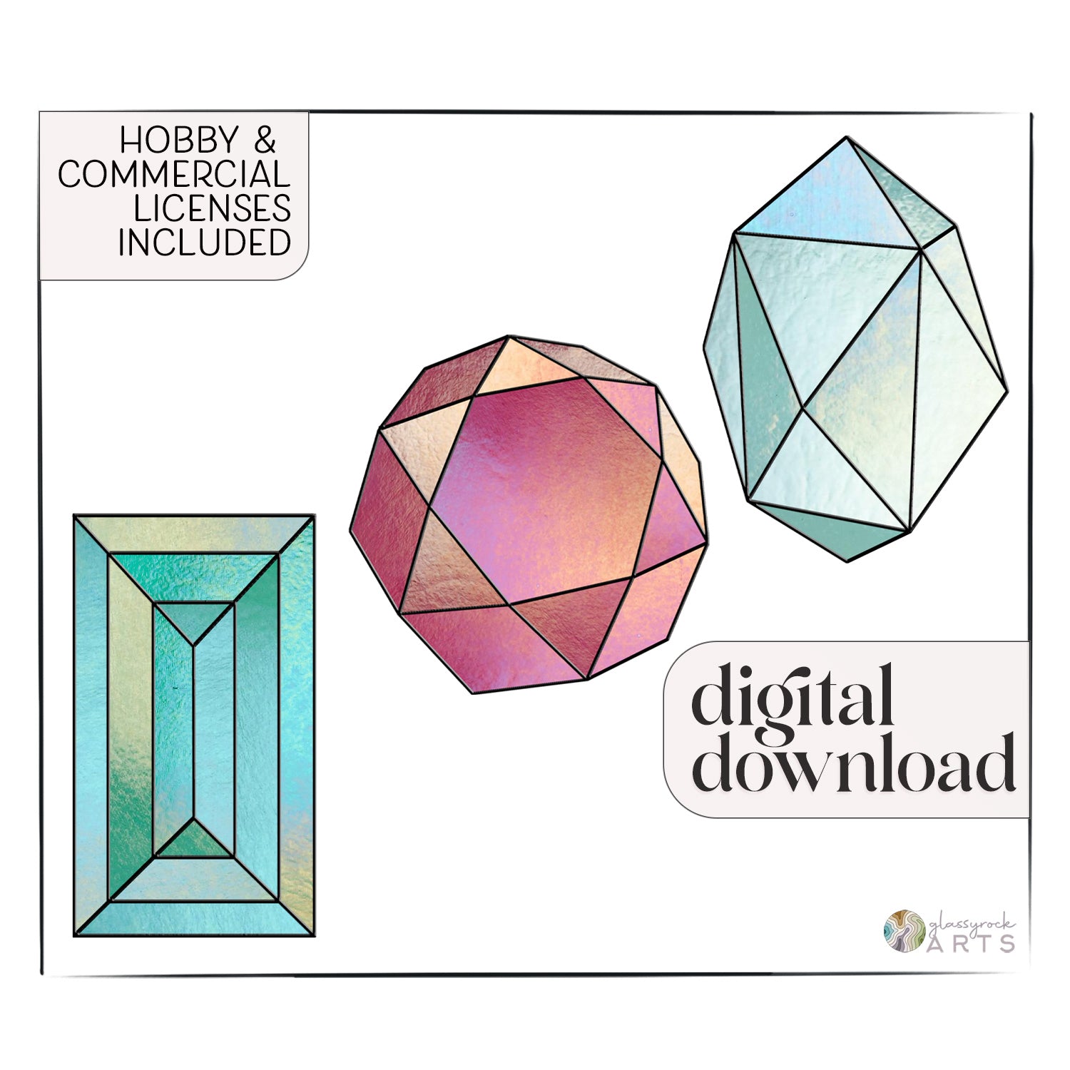 A picture of the Geometric Faceted Gems Beginner Stained Glass Patterns Pack of 3 from GlassyRock Arts. 