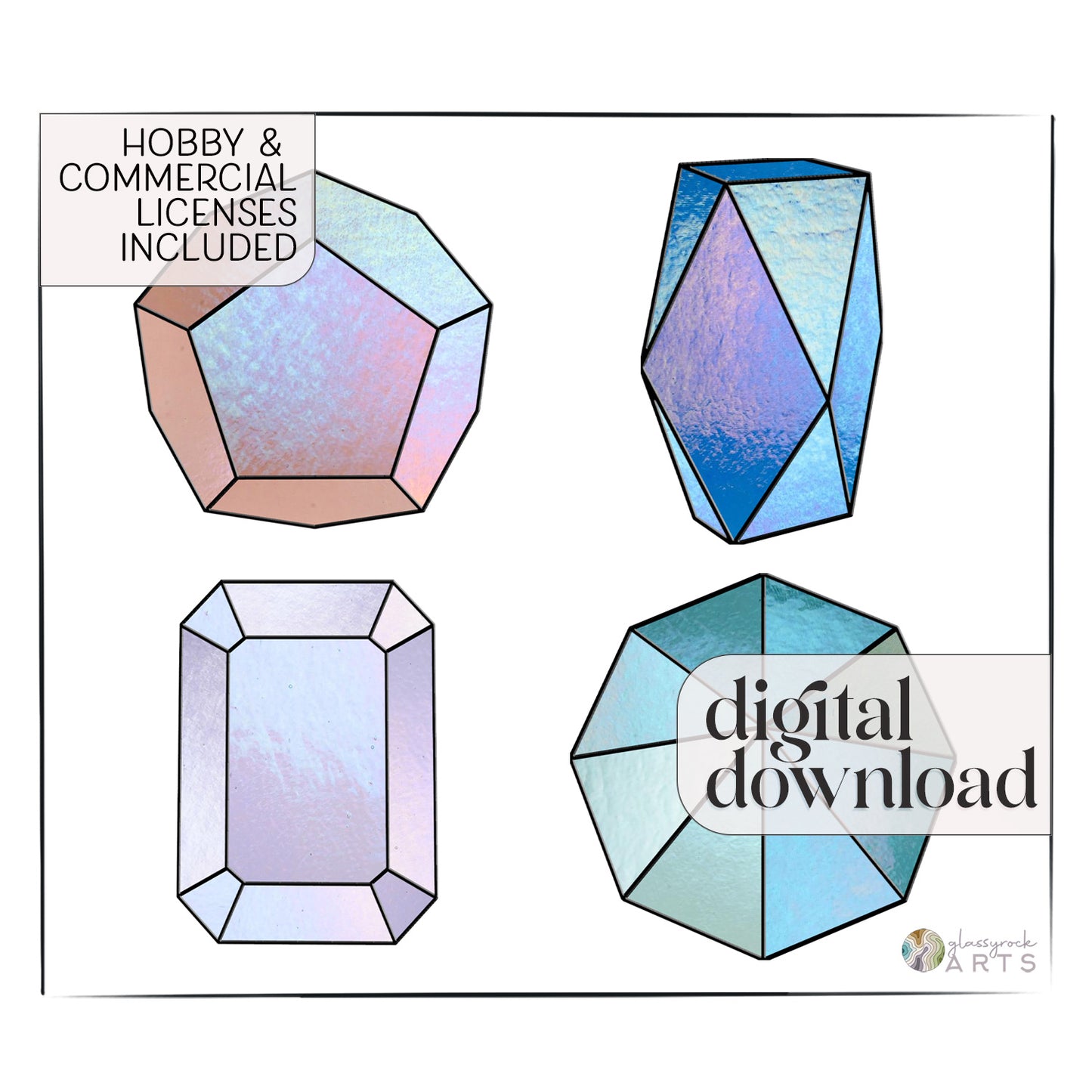 Four geometric gemstone designs in pastel pink, blue, and multicolor shades. Ideal for beginners exploring digital patterns. Comes with hobby and commercial license info. Digital download text alongside a circular logo. Product: Geometric Gems Beginner Stained Glass Patterns, 4-Pack.